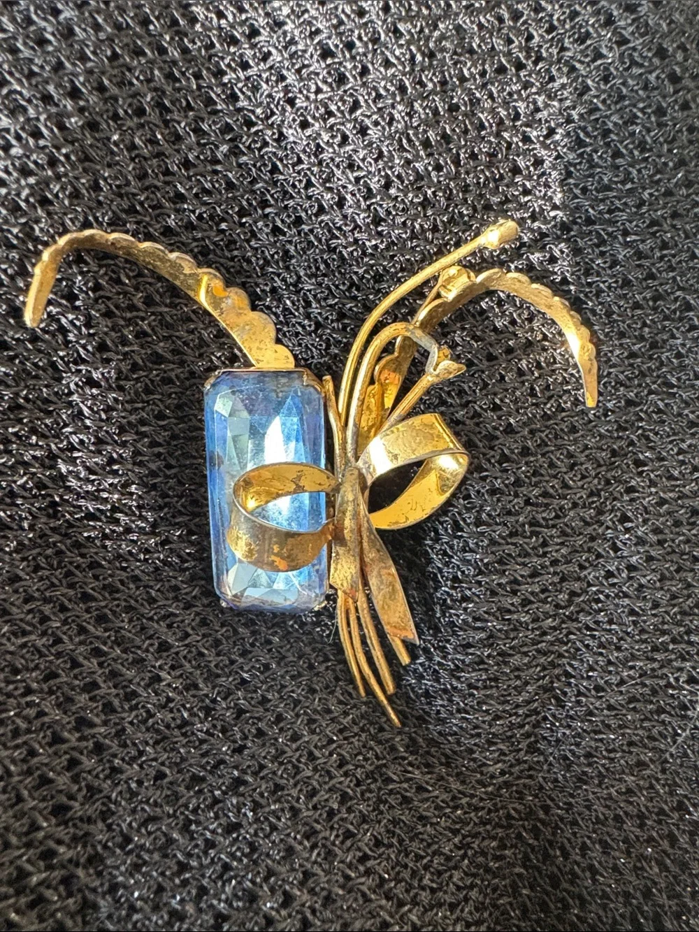 Gold-Tone Floral Brooch with Blue Rectangular Stone